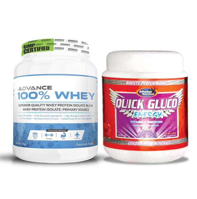 Advance nutratech combo of 100% whey protein chocolate 1kg and quick gluco energy 1kg orange