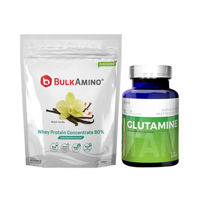 Advance nutratech combo of bulk amino whey protein concentrate 80% dutch vanilla 500gm powder and glutamine supplement powder 100gm unflavored