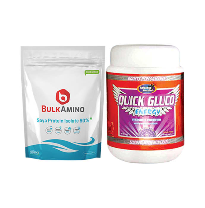 Advance nutratech combo of bulkamino soya protein isolate 90% powder unflavored 1lbs and quick gluco energy orange 1kg