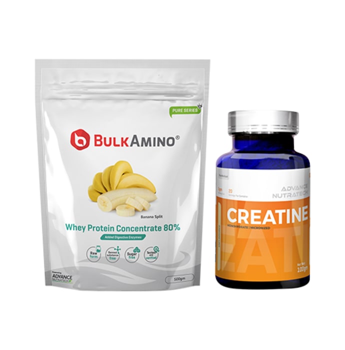 Advance nutratech combo of bulkamino whey protein concentrate 80% banana spilt 500gm supplement powder and creatine monohydrate unflavored 100gm