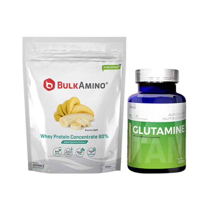 Advance nutratech combo of bulkamino whey protein concentrate 80% banana split 500gm supplement powder and glutamine supplement powder 100gm unflavored