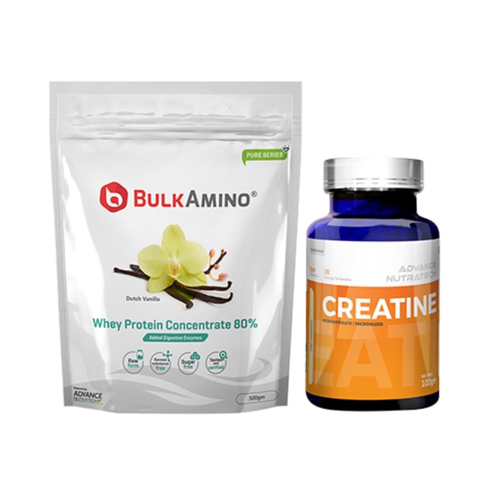 Advance nutratech combo of bulkamino whey protein concentrate 80% dutch vanilla 500gm powder and creatine monohydrate unflavored 100gm