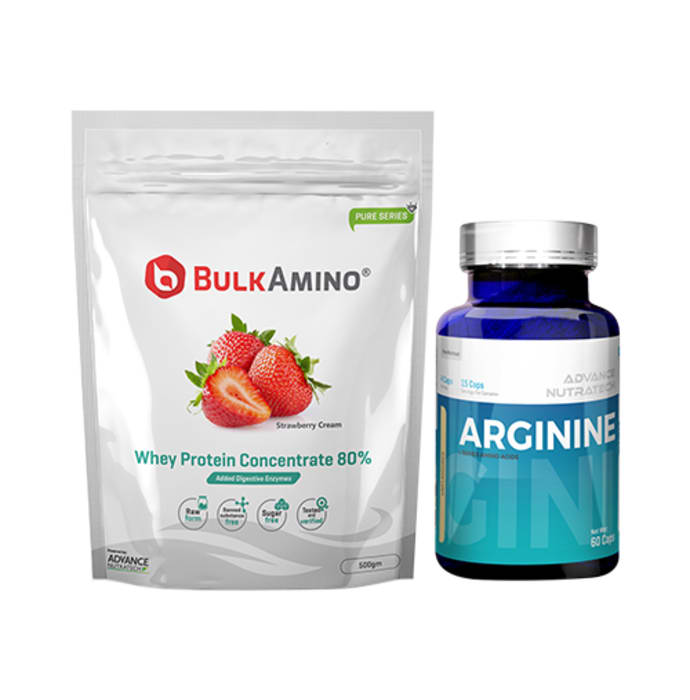 Advance nutratech combo of bulkamino whey protein concentrate 80% strawberry cream 500gm supplement powder and arginine aminos pre-workout 60 capsules