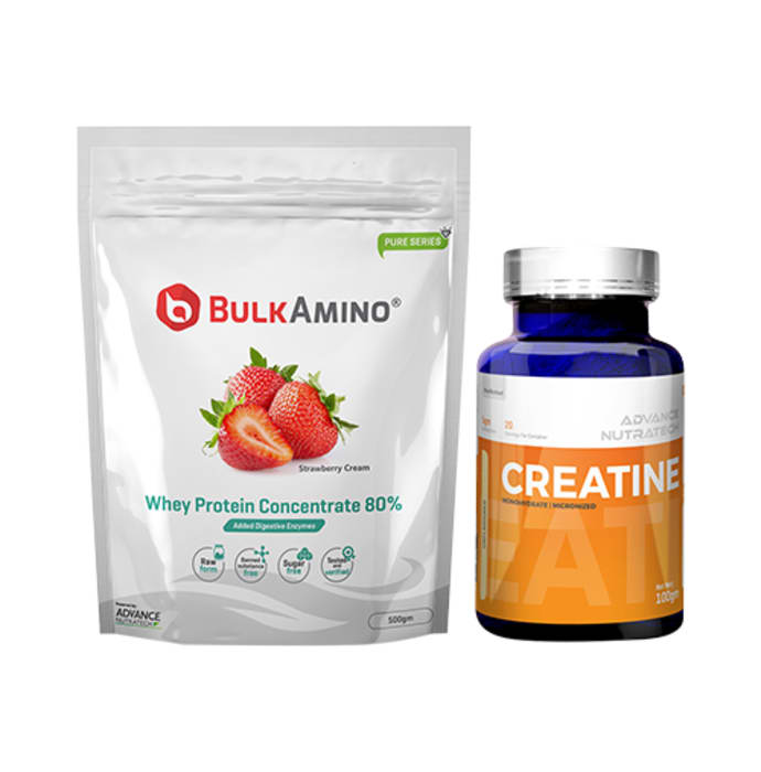 Advance nutratech combo of bulkamino whey protein concentrate 80% strawberry cream 500gm supplement powder and creatine monohydrate unflavored 100gm