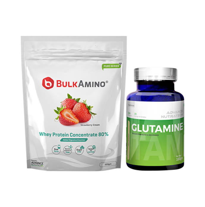 Advance nutratech combo of bulkamino whey protein concentrate 80% strawberry cream 500gm supplement powder and glutamine supplement powder 100gm unflavored