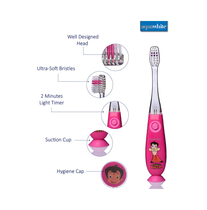 Aquawhite Kids Timer Flashhh Light Toothbrush with Hygiene Cap Pink Chhota Bheem