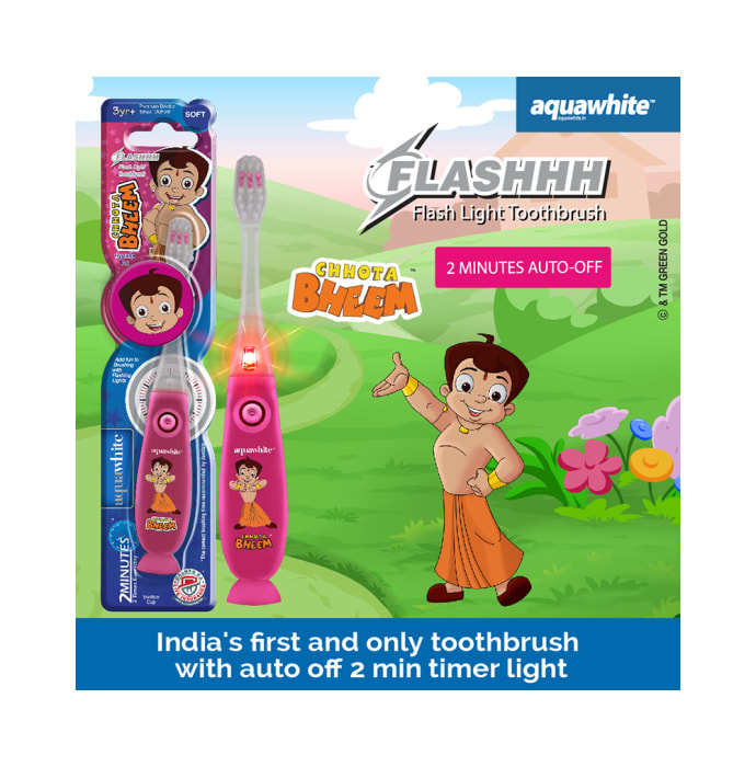 Aquawhite Kids Timer Flashhh Light Toothbrush with Hygiene Cap Pink Chhota Bheem