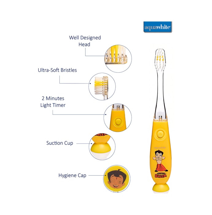 Aquawhite Kids Timer Flashhh Light Toothbrush with Hygiene Cap Yellow Chhota Bheem