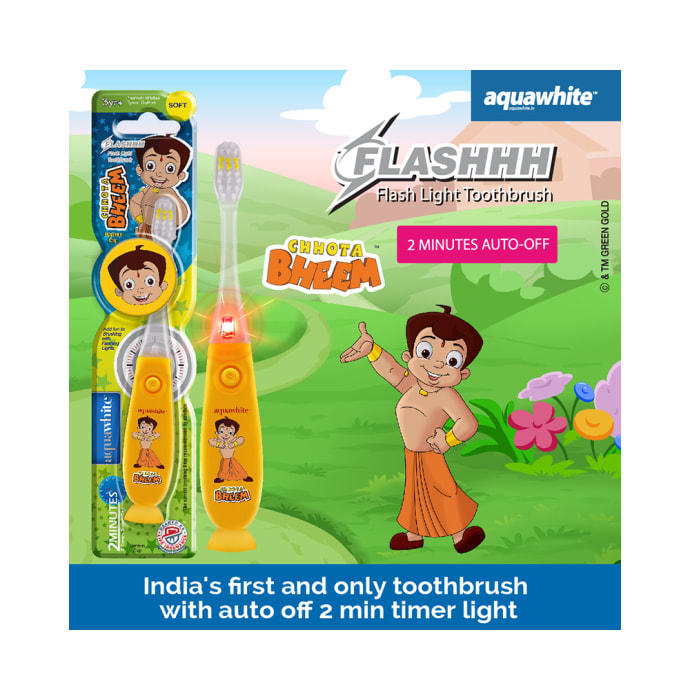 Aquawhite Kids Timer Flashhh Light Toothbrush with Hygiene Cap Yellow Chhota Bheem