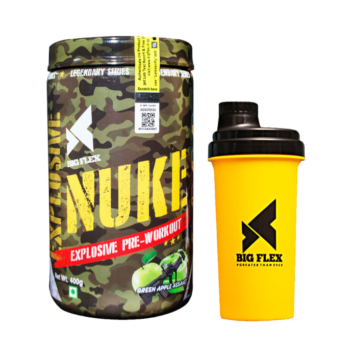 Big Flex Nuke Explosive Pre-Workout with 700ml Shaker Free Green Apple Assault (400gm)