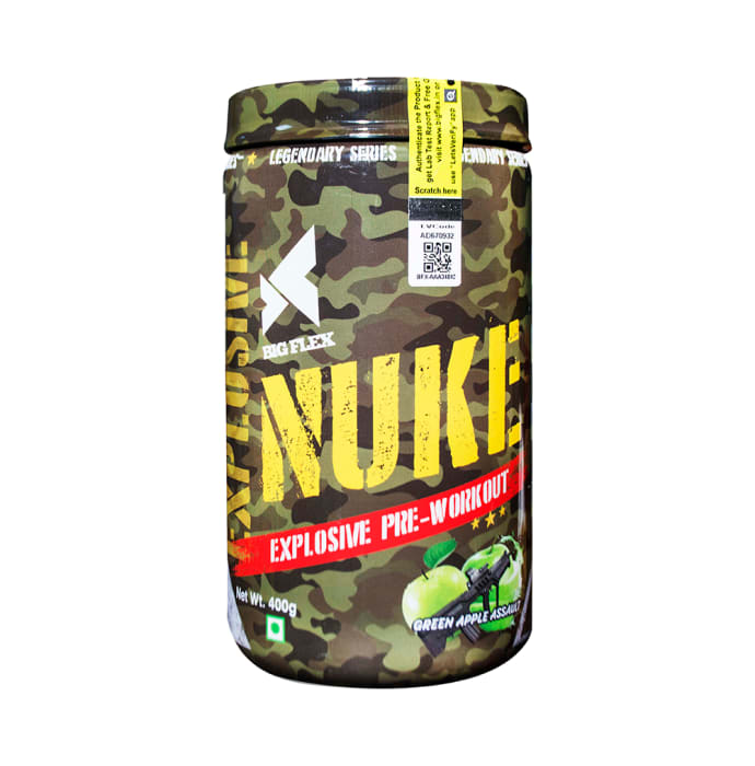 Big Flex Nuke Explosive Pre-Workout with 700ml Shaker Free Green Apple Assault (400gm)