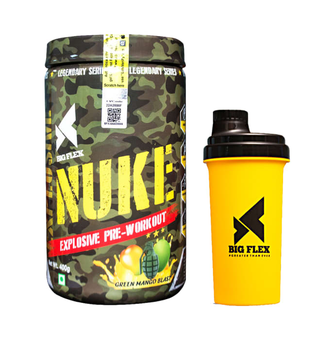 Big Flex Nuke Explosive Pre-Workout with 700ml Shaker Free Green Mango Blast (400gm)