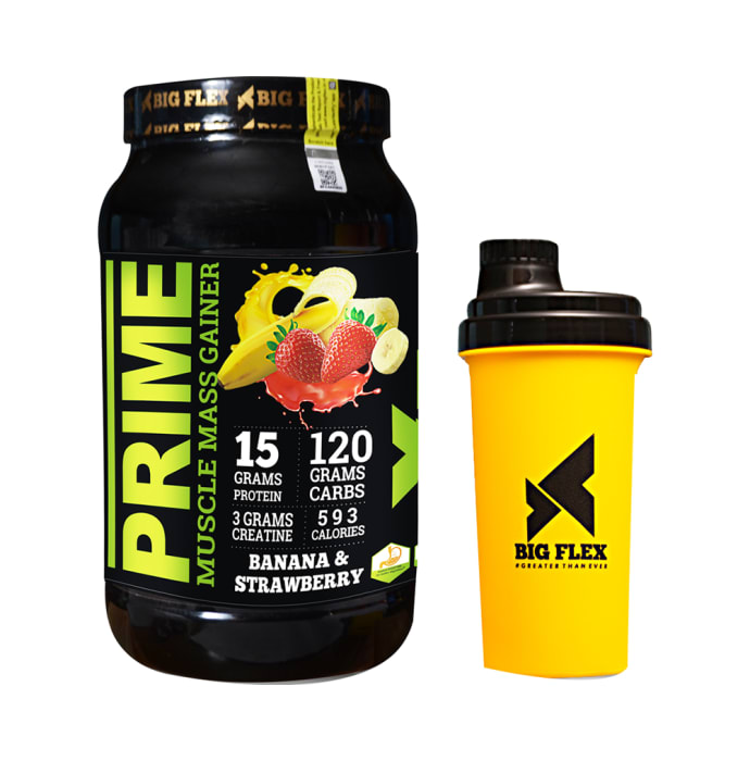 Big Flex Prime Muscle Mass Gainer with 700ml Shaker Free Banana Strawberry (1kg)