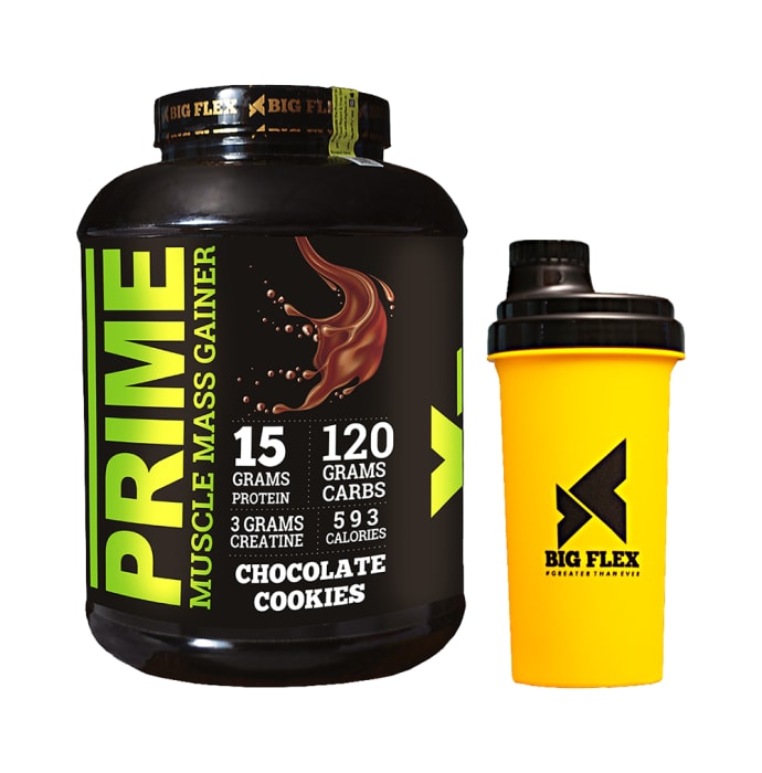 Big Flex Prime Muscle Mass Gainer with 700ml Shaker Free Chocolate Cookies (1kg)