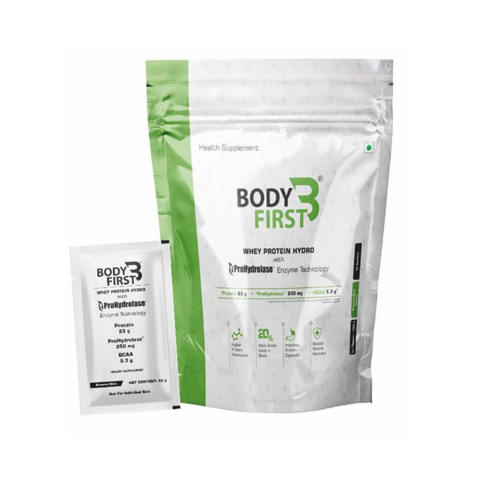 Body First Whey Protein Hydro with Prohydrolase Enzyme Technology Sachet (32gm Each) Brownie Mint