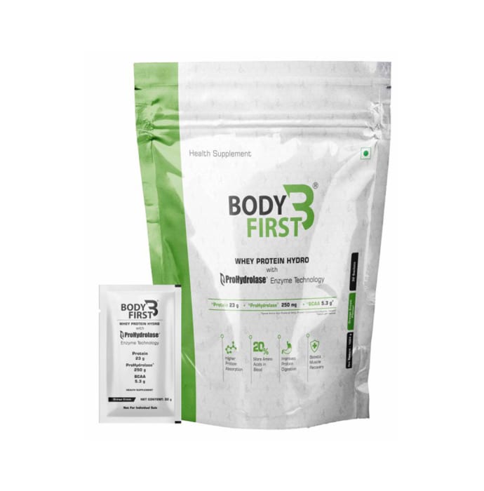 Body First Whey Protein Hydro with Prohydrolase Enzyme Technology Sachet (32gm Each) Orange Cream