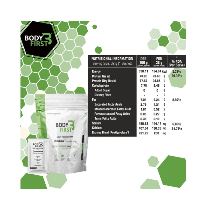 Body First Whey Protein Hydro with Prohydrolase Enzyme Technology Sachet (32gm Each) Orange Cream