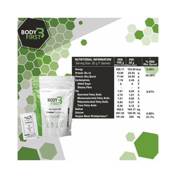 Body First Whey Protein Hydro with Prohydrolase Enzyme Technology Sachet (32gm Each) Vanilla Cream