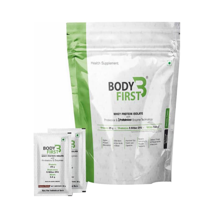 Body First Whey Protein Isolate with Probiotics and Prohydrolase Enzyme Technology (32gm Each) Chocolate