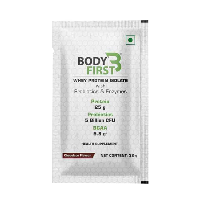 Body First Whey Protein Isolate with Probiotics and Prohydrolase Enzyme Technology (32gm Each) Chocolate