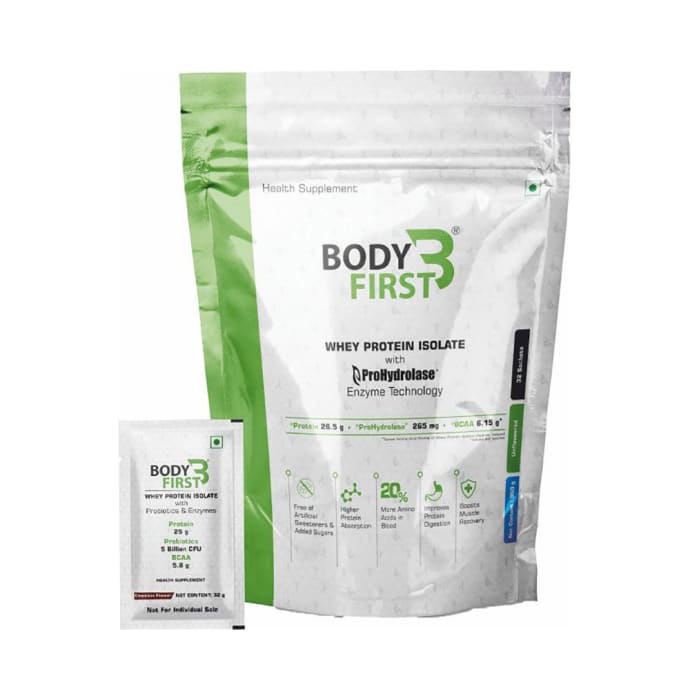 Body First Whey Protein Isolate with Prohydrolase Enzyme Technology (32gm Each) Unflavoured