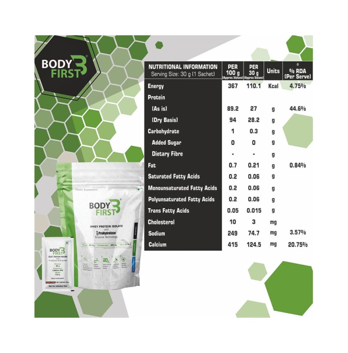 Body First Whey Protein Isolate with Prohydrolase Enzyme Technology (32gm Each) Unflavoured