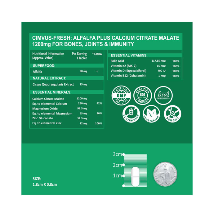 Carbamide Forte Alfalfa + Calcium Citrate Malate 1200mg + Vitamin D + K2 (MK 7) Vegetarian Tablet (120'S)