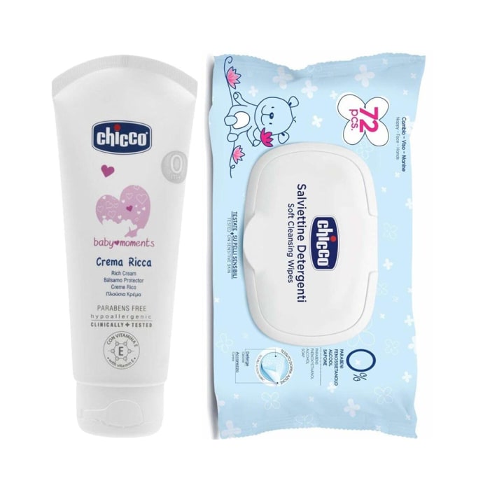 Chicco Combo Pack of Baby Cream 100ml and Baby Wipes with Flip Cover 72pcs