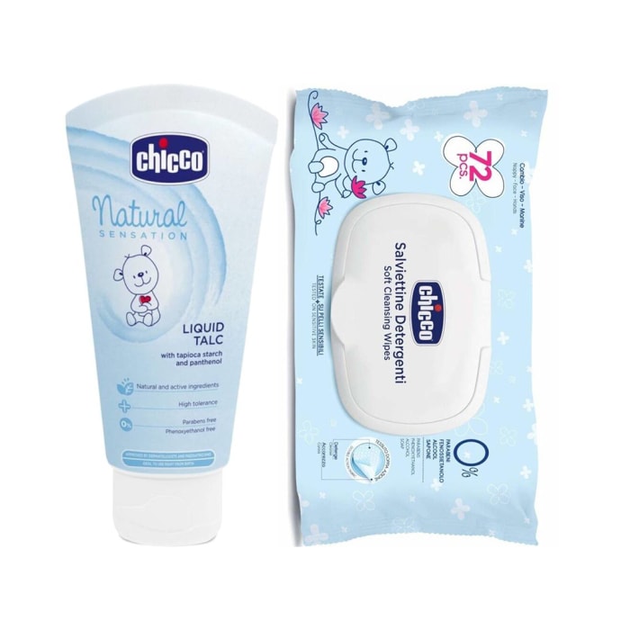 Chicco Combo Pack of Baby Liquid Talc 100ml and Baby Wipe 72Pcs With Flip Cover