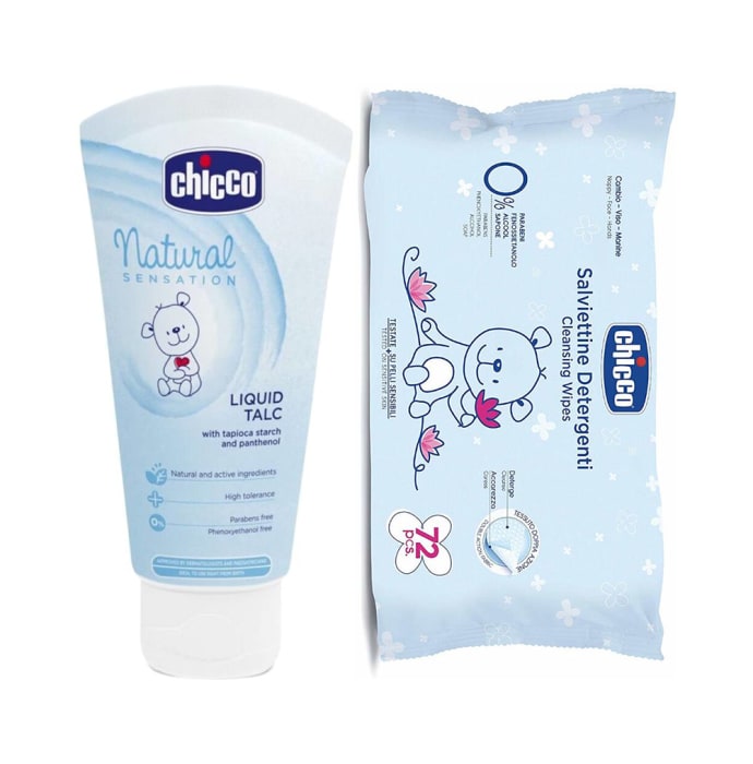 Chicco Combo Pack of Baby Liquid Talc 100ml and Baby Wipe 72Pcs Without Flip Cover