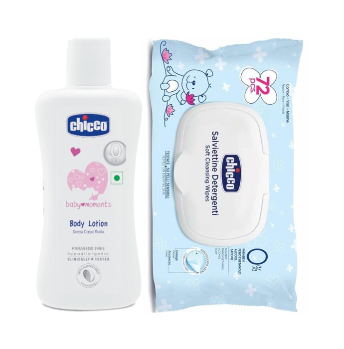 Chicco Combo Pack of Baby Lotion 200ml and Baby Cleansing Wipes 72Pcs With Flip Cover