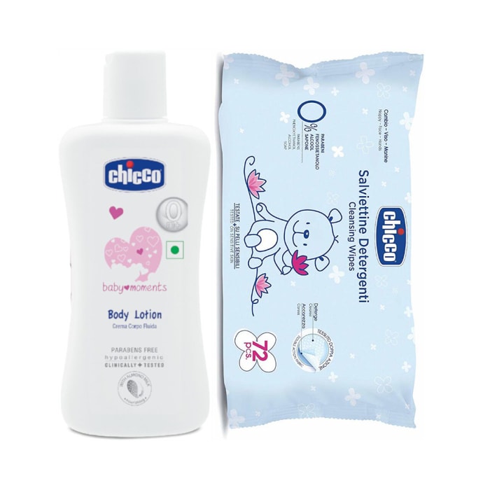 Chicco Combo Pack of Baby Lotion 200ml and Baby Cleansing Wipes 72Pcs Without Flip Cover