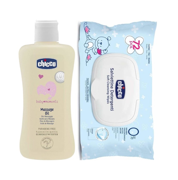 Chicco Combo Pack of Baby Massage Oil 200ml & Baby Wipes 72Pcs With Flip Cover