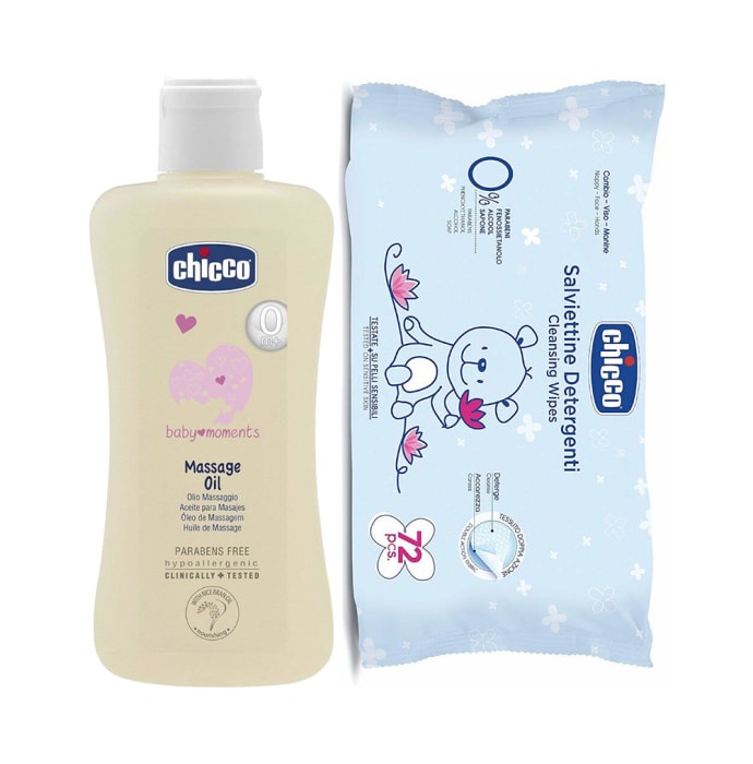 Chicco Combo Pack of Baby Massage Oil 200ml & Baby Wipes 72Pcs Without Flip Cover