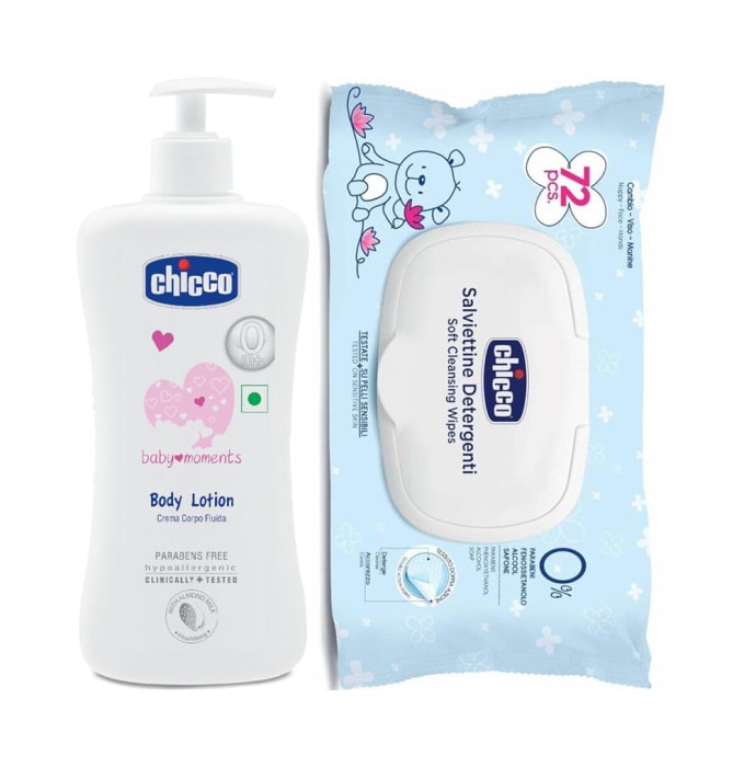 Chicco Combo Pack of Baby Moments Body Lotion 500ml and Baby Wipes 72Pcs With Flip Cover