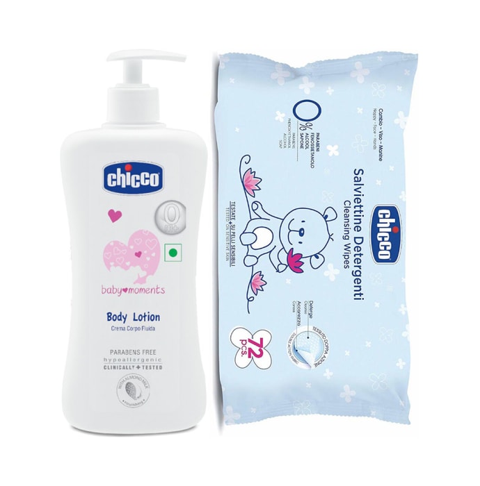 Chicco Combo Pack of Baby Moments Body Lotion 500ml and Baby Wipes 72Pcs Without Flip Cover