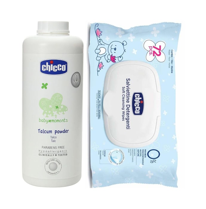 Chicco Combo Pack of Baby Moments Talcum Powder 500gm & 72 Baby Wipes With Flip Cover