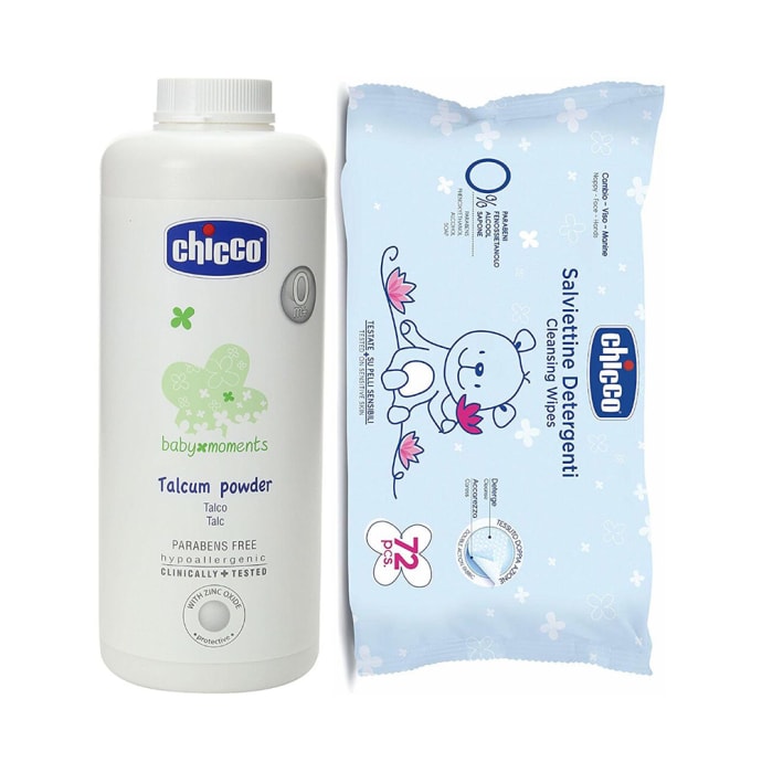 Chicco Combo Pack of Baby Moments Talcum Powder 500gm & 72 Baby Wipes Without Flip Cover