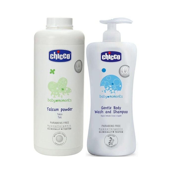 Chicco Combo Pack of Baby Moments Talcum Powder 500gm and Gentle Body Wash and Shampoo 500ml