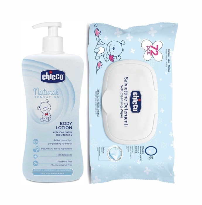 Chicco Compo Pack of Baby Natural Sensation Lotion 500ml and Baby Wipes 72Pcs With Flip Cover