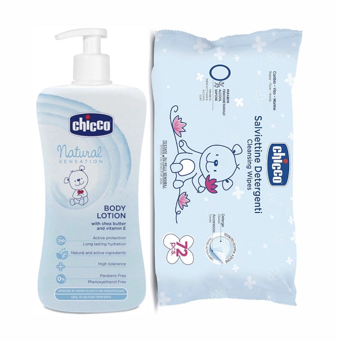 Chicco Compo Pack of Baby Natural Sensation Lotion 500ml and Baby Wipes 72Pcs Without Flip Cover