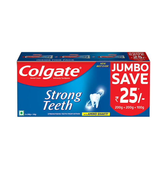 Colgate Strong Teeth Anticavity Toothpaste with Amino Shakti (2 Tubes of 200gm Each and 1 Tube of 100gm)