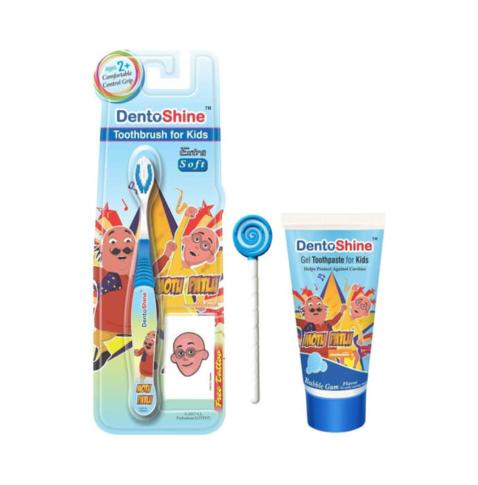 DentoShine Combo Pack of CC Grip Toothbrush for Kids, Lollipop Tongue Cleaner and Bubblegum Flavoured Toothpaste 80gm