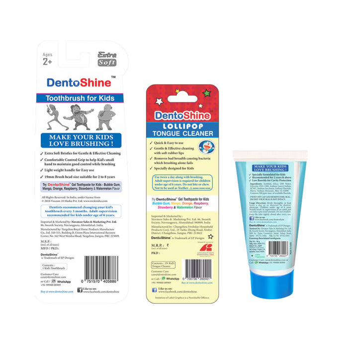 DentoShine Combo Pack of CC Grip Toothbrush for Kids, Lollipop Tongue Cleaner and Bubblegum Flavoured Toothpaste 80gm