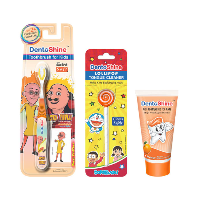 DentoShine Combo Pack of CC Grip Toothbrush for Kids, Lollipop Tongue Cleaner and Orange Flavoured Toothpaste 80gm