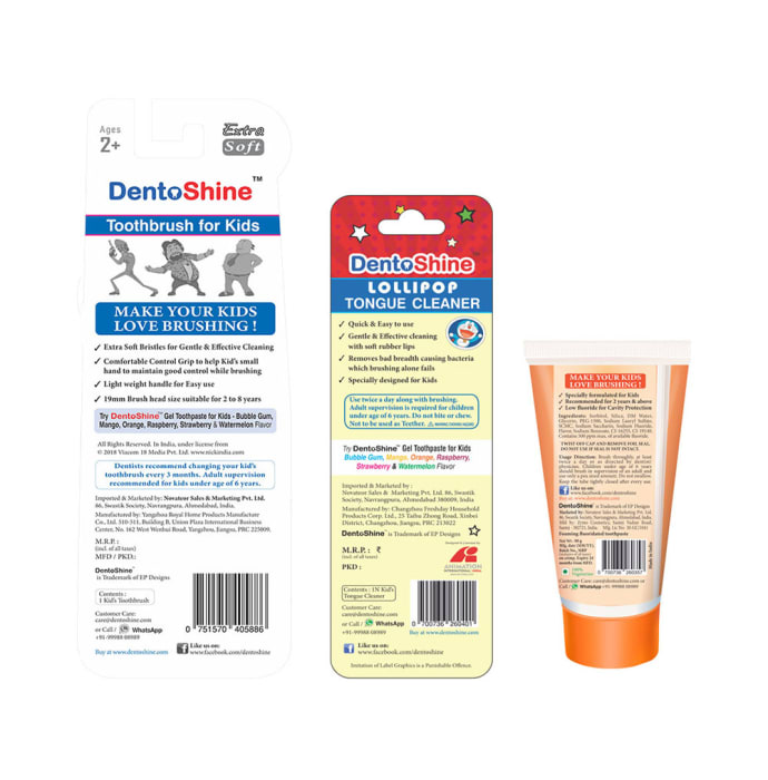 DentoShine Combo Pack of CC Grip Toothbrush for Kids, Lollipop Tongue Cleaner and Orange Flavoured Toothpaste 80gm