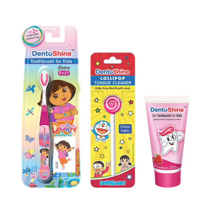 DentoShine Combo Pack of CC Grip Toothbrush for Kids, Lollipop Tongue Cleaner and Strawberry Flavoured Toothpaste 80gm