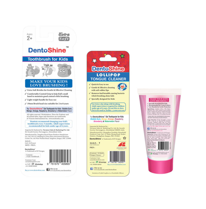 DentoShine Combo Pack of CC Grip Toothbrush for Kids, Lollipop Tongue Cleaner and Strawberry Flavoured Toothpaste 80gm