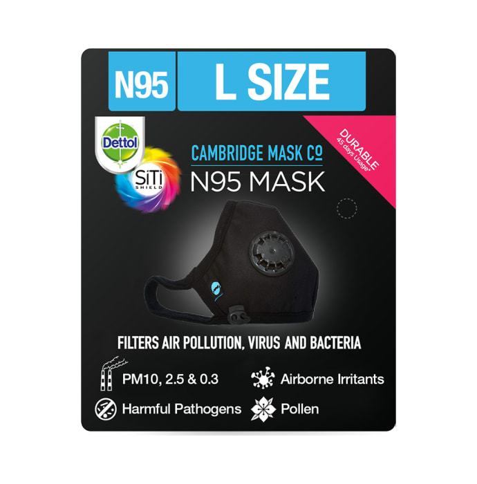 Dettol Cambridge N95 Mask Anti-Pollution, Reusable, Washable with Breathing Valve Large Black