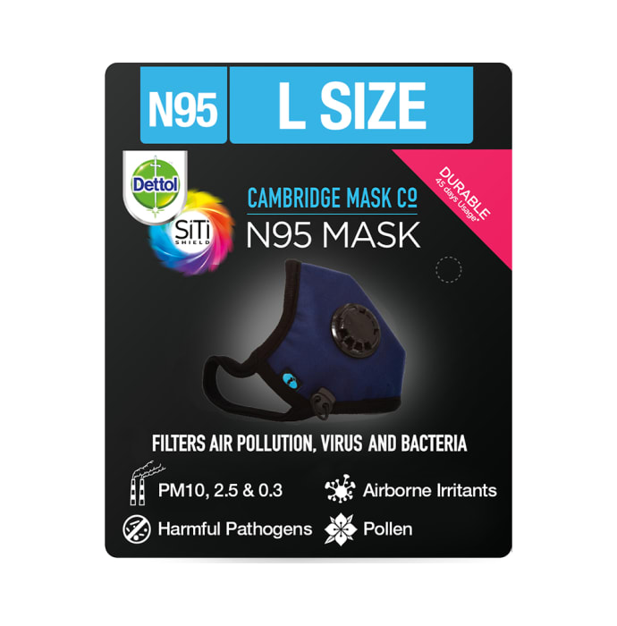 Dettol Cambridge N95 Mask Anti-Pollution, Reusable, Washable with Breathing Valve Large Navy